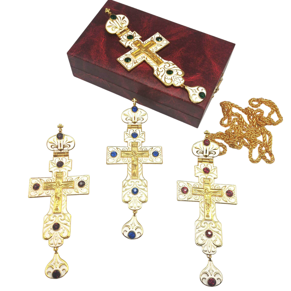 Gold Plated Ivory White Orthodox Crucifix Pectoral Cross – 4 Colours Available - JMJ Catholic Productsvariant