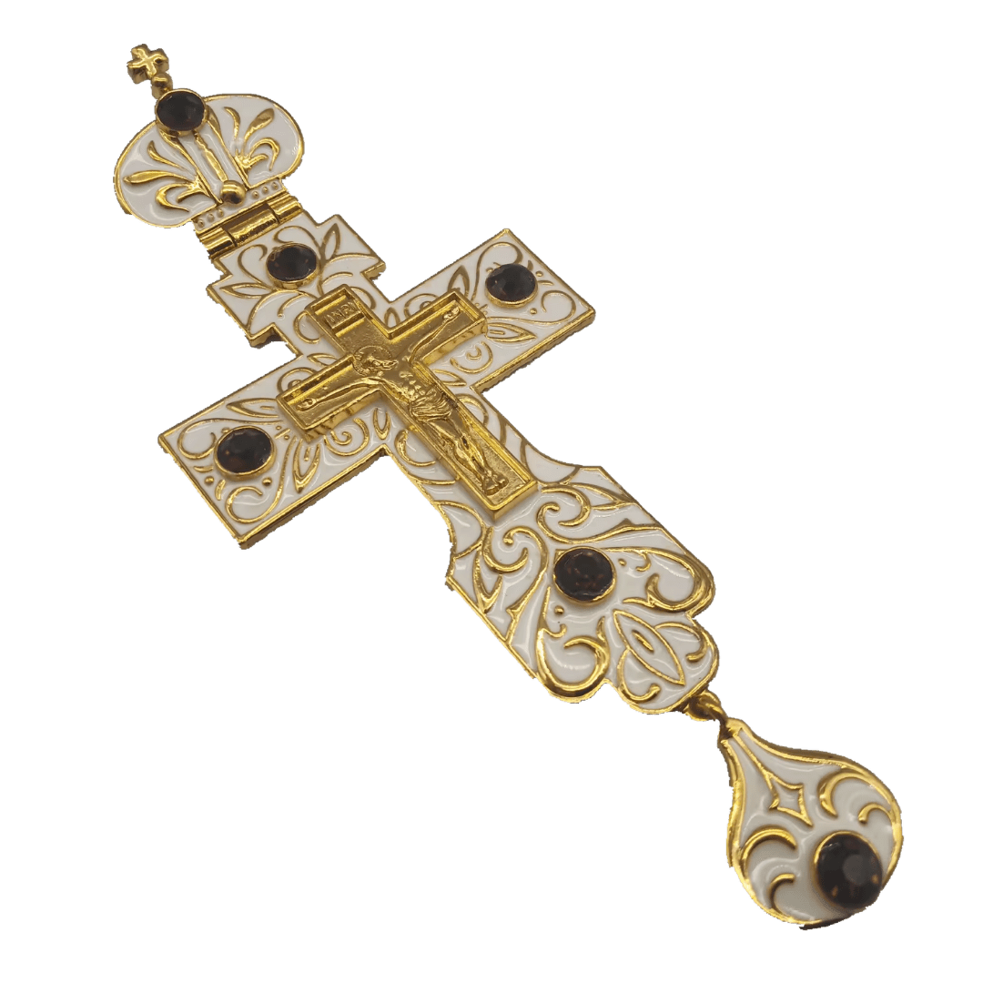 Gold Plated Ivory White Orthodox Crucifix Pectoral Cross – 4 Colours Available - JMJ Catholic Productsvariant