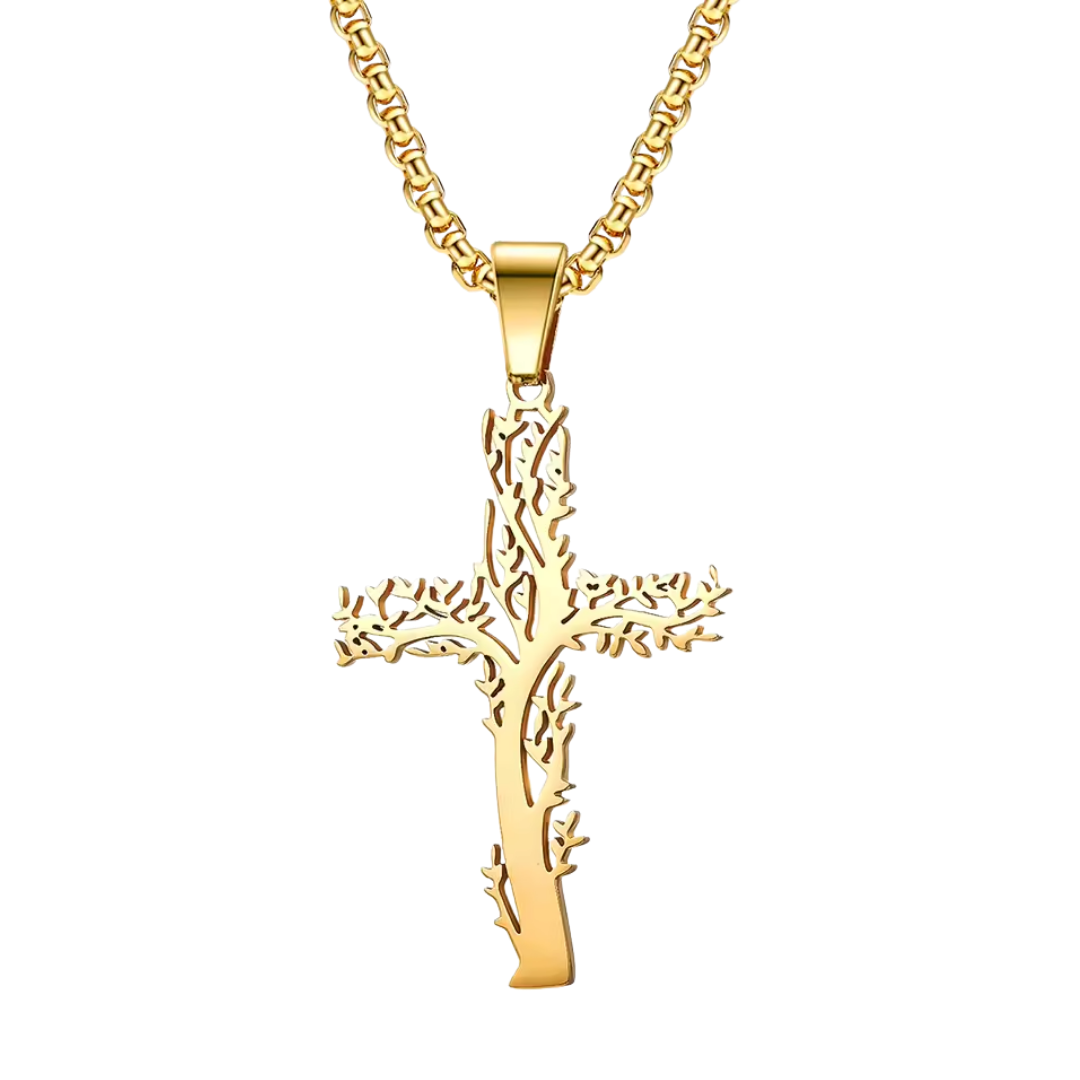 Gold Thorn Crucifix Pendant Necklace — Gold Stainless Steel