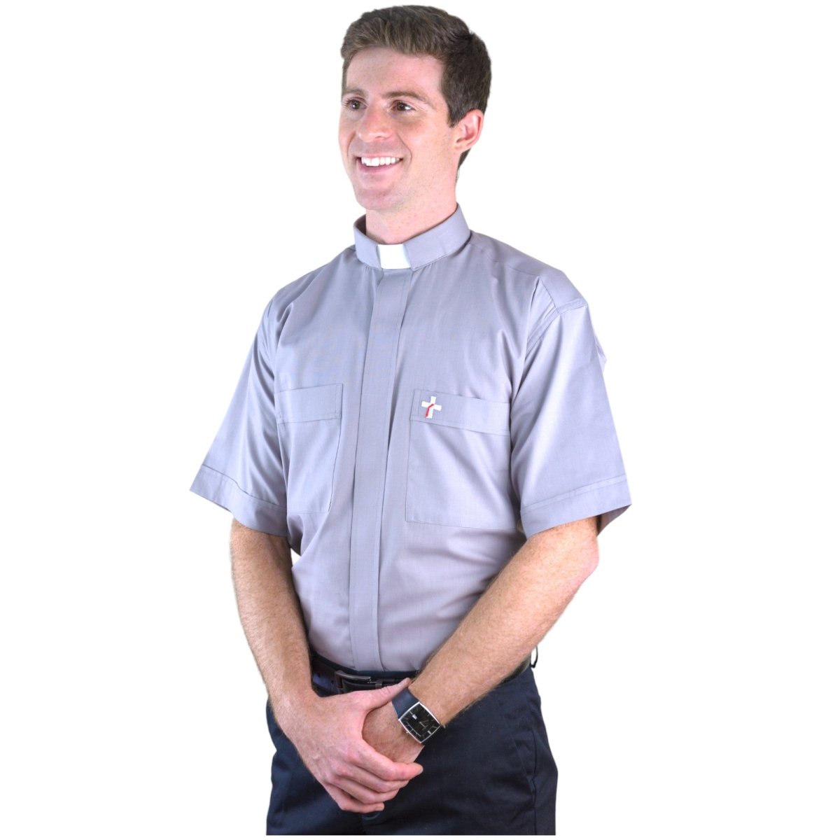 Grey Deacon Clergy Shirt — Short Sleeve, Tab Collar, Embroidered (70% Cotton) - JMJ Catholic Productsvariant