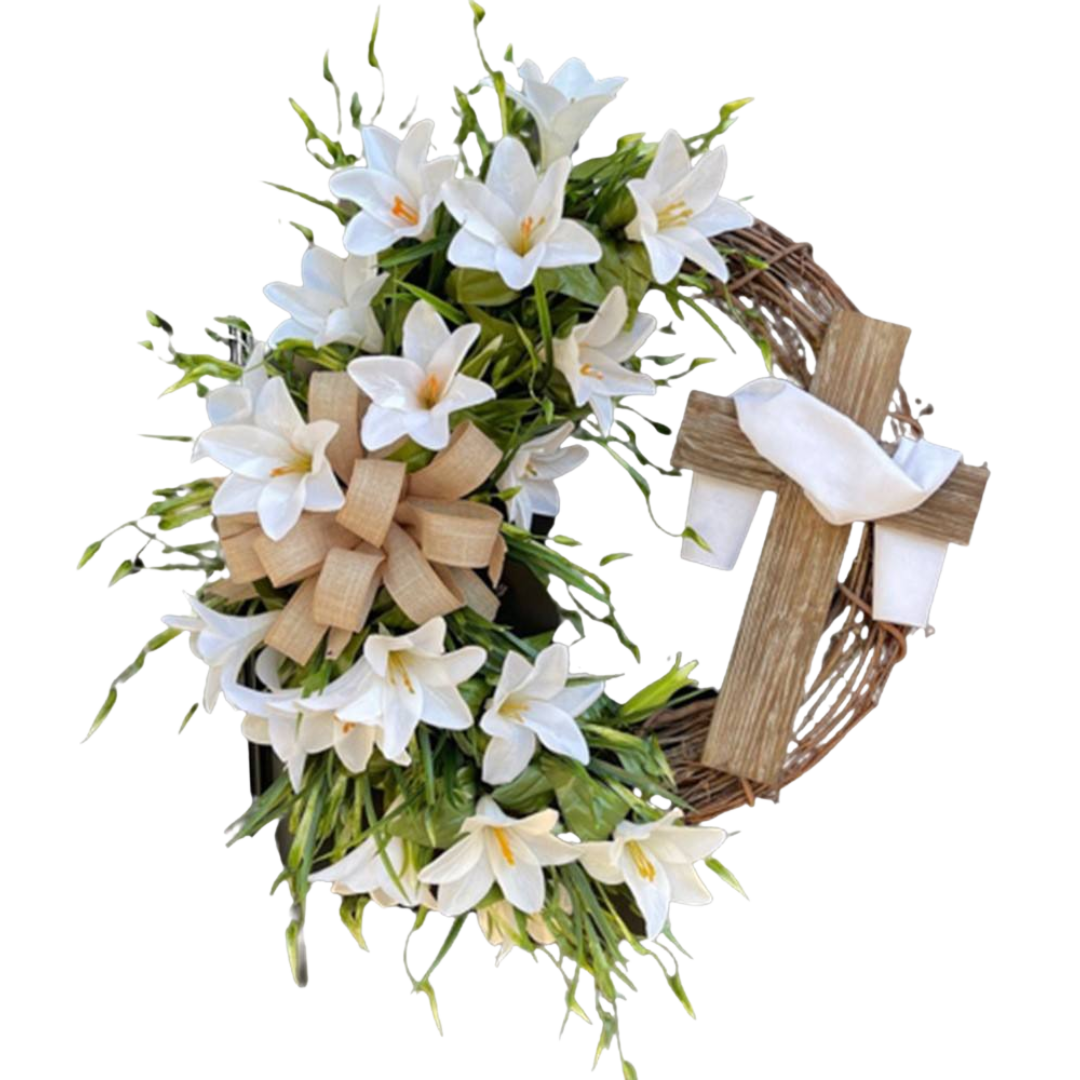 Holy Embrace White Lily Crucifix Wreath — an Elegant Floral Devotional Piece (45cm) - JMJ Catholic Productsvariant