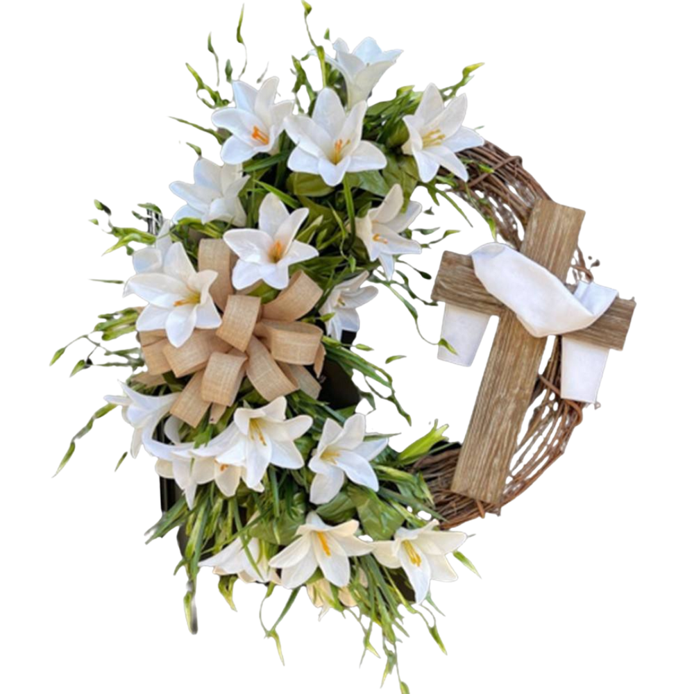 Holy Embrace White Lily Crucifix Wreath — an Elegant Floral Devotional Piece (45cm) - JMJ Catholic Productsvariant