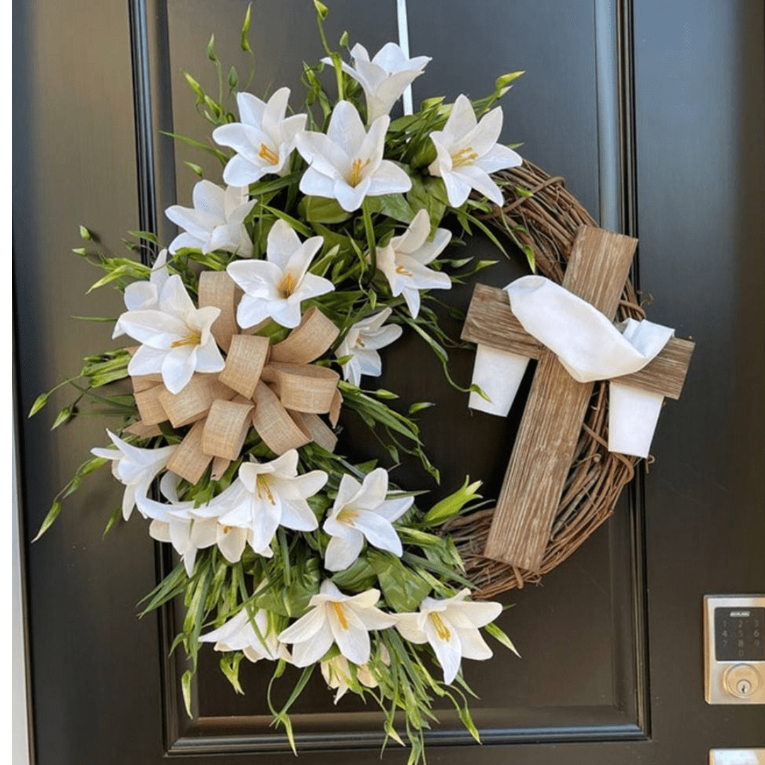 Holy Embrace White Lily Crucifix Wreath — an Elegant Floral Devotional Piece (45cm) - JMJ Catholic Productsvariant