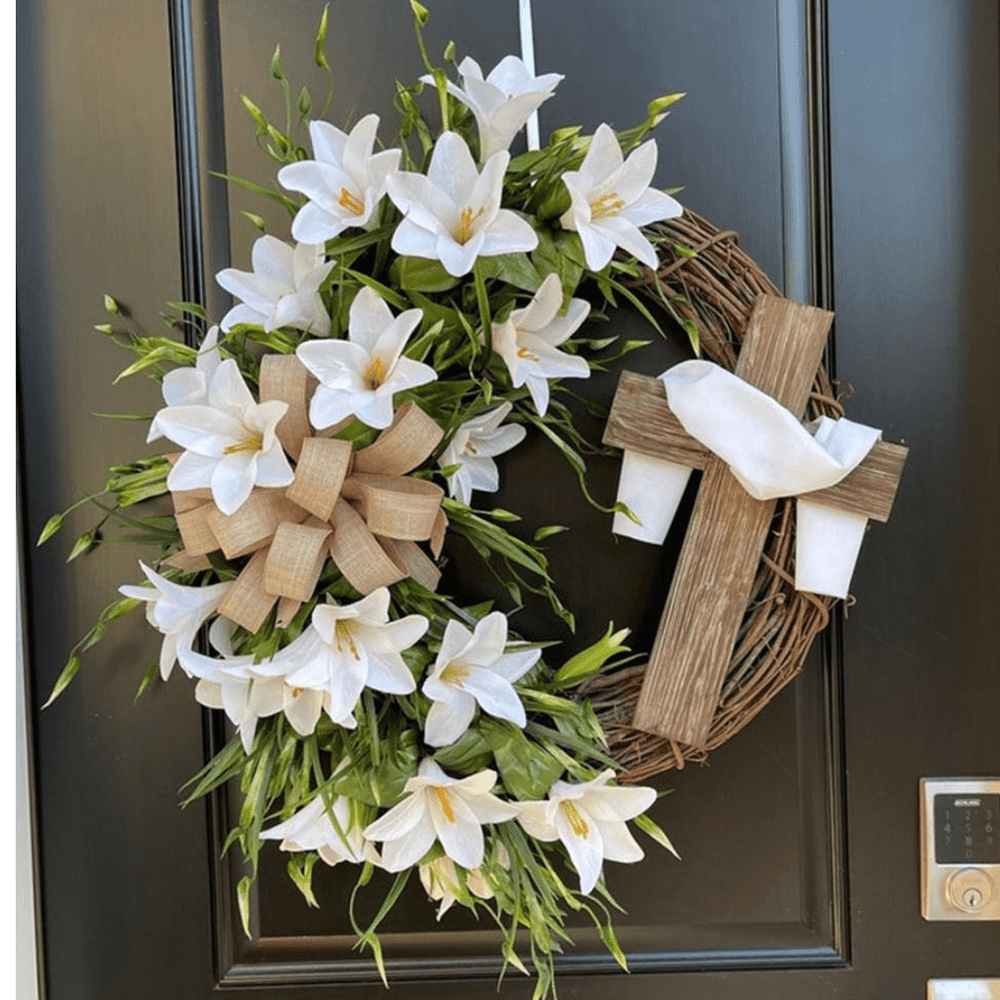 Holy Embrace White Lily Crucifix Wreath — an Elegant Floral Devotional Piece (45cm) - JMJ Catholic Productsvariant