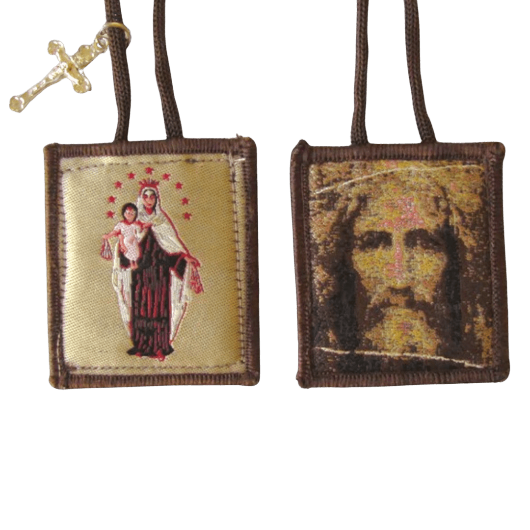 Holy Face & Our Lady of Mt. Carmel Scapular — Wool Back, with Crucifix