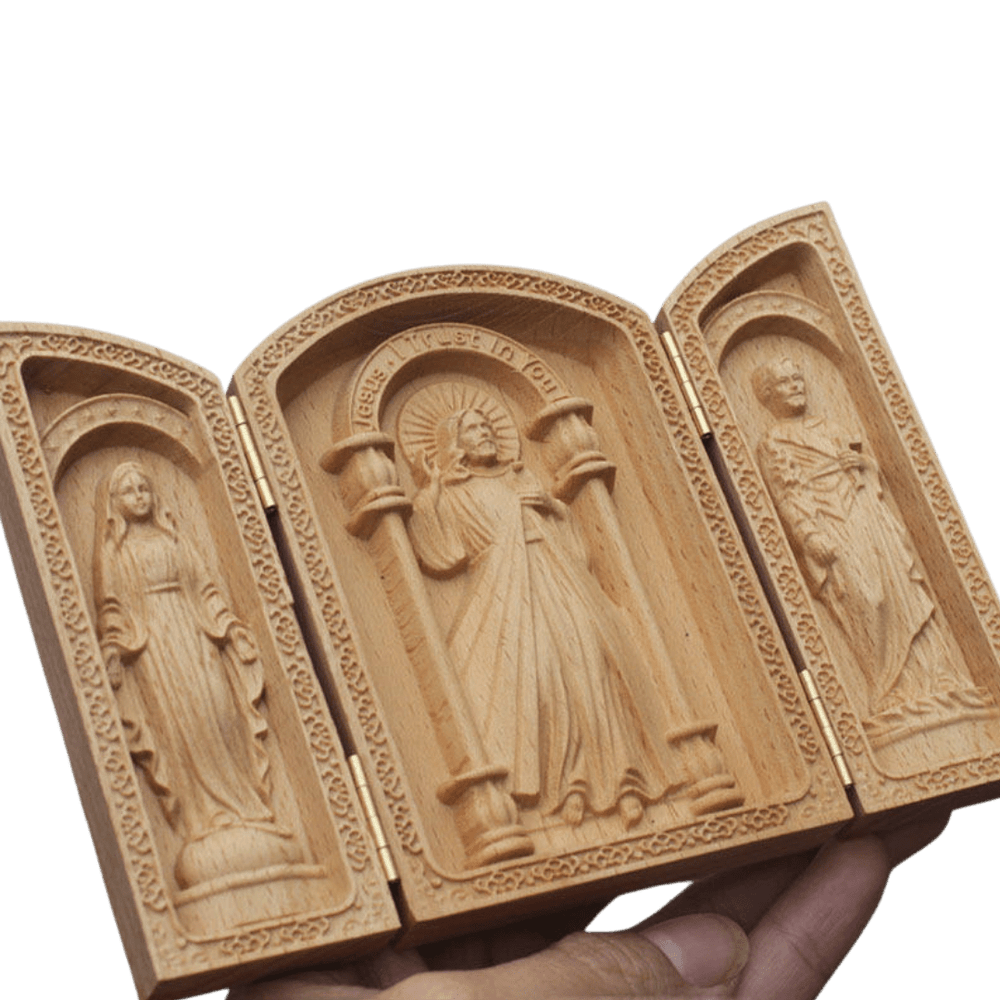 Holy Family Wooden Triptych – Folding Catholic Prayer Plaque (10.5 × 14.5 cm) - JMJ Catholic Productsvariant