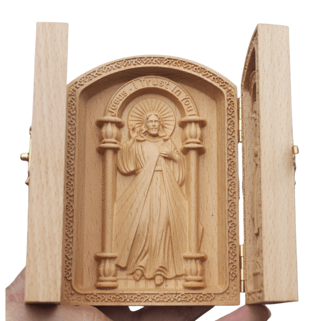 Holy Family Wooden Triptych – Folding Catholic Prayer Plaque (10.5 × 14.5 cm) - JMJ Catholic Productsvariant