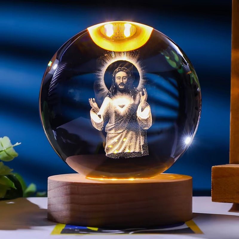 Illuminated Crystal Globe — Laser-Engraved Holy Icons, a Radiant Devotional Keepsake - JMJ Catholic Productsvariant