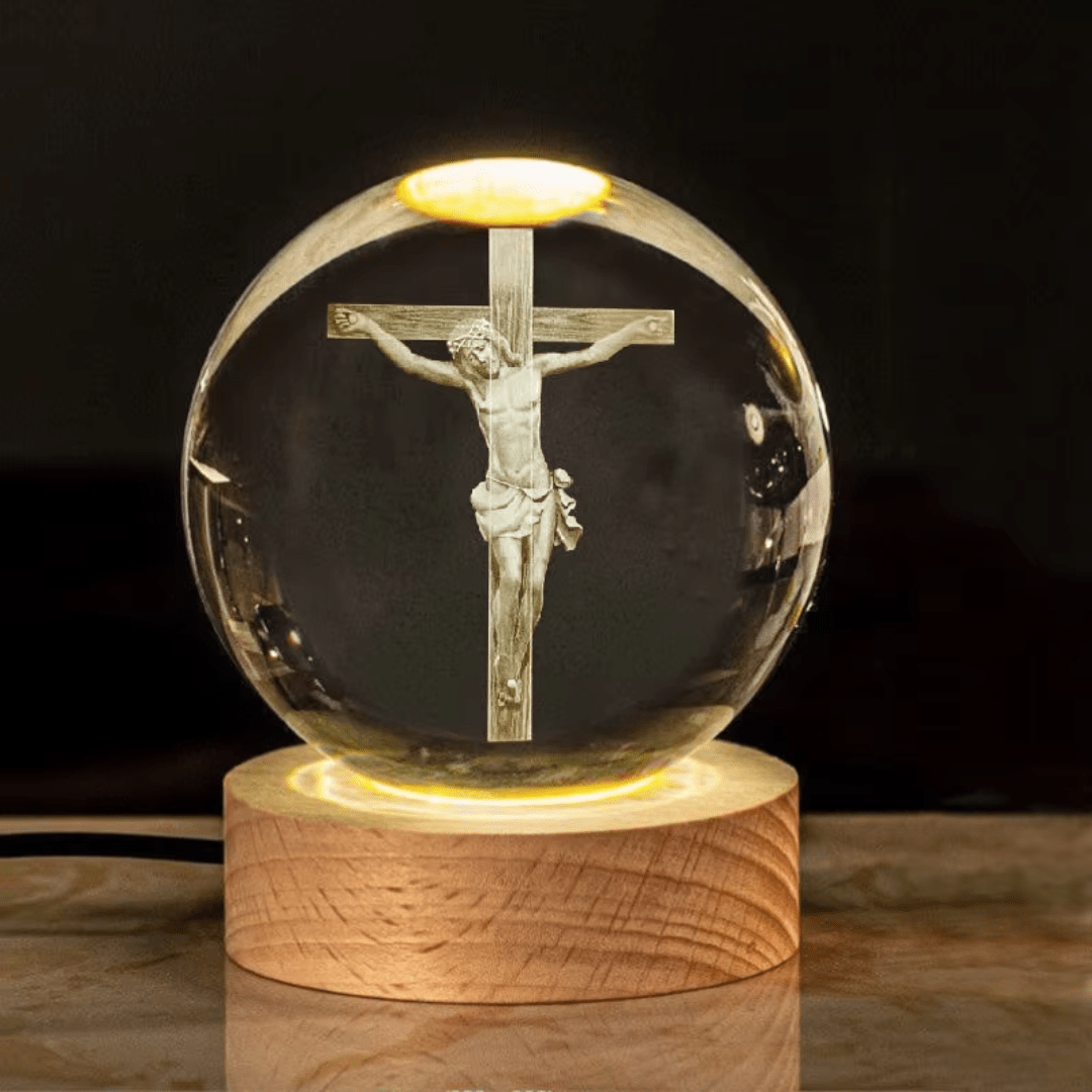 Illuminated Crystal Globe — Laser-Engraved Holy Icons, a Radiant Devotional Keepsake - JMJ Catholic Productsvariant