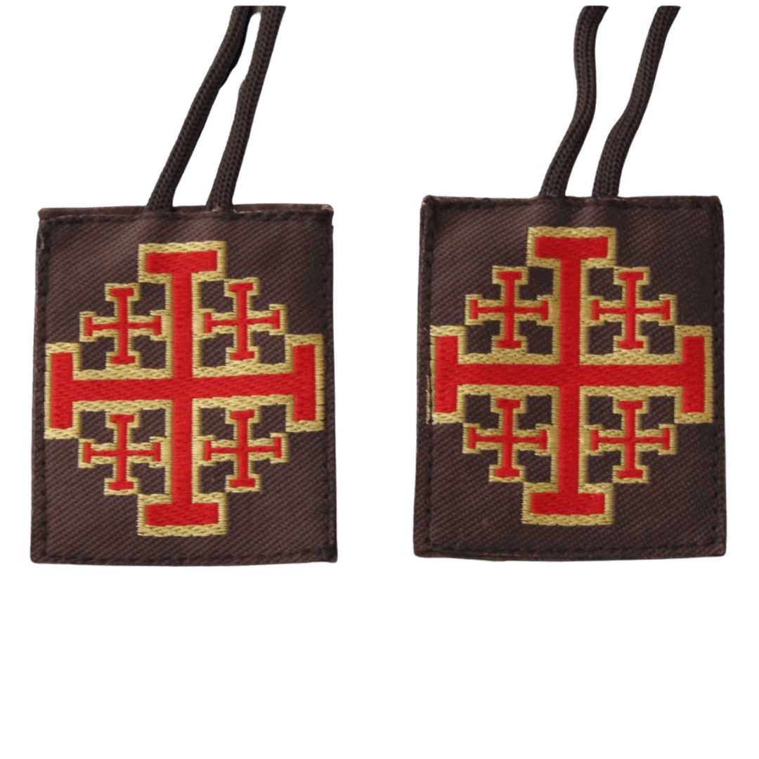 Jerusalem Cross Scapular — Brown with Red & Gold Cross, Wool Back