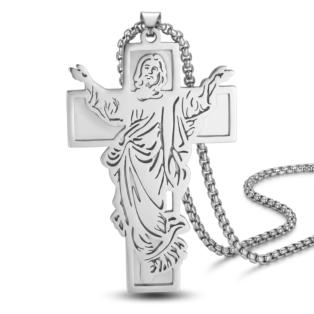 Jesus Crucifix Pendant Necklace — Silver Stainless Steel