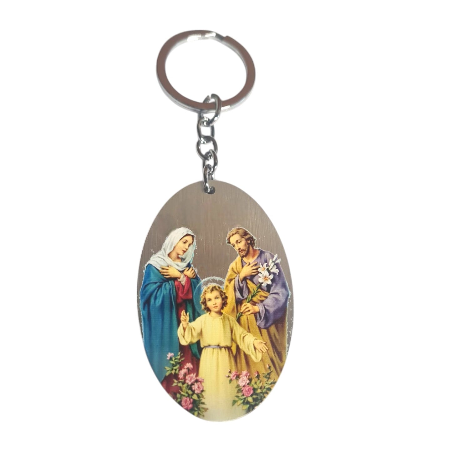 Oval Holy Family Key ring  - Silver
