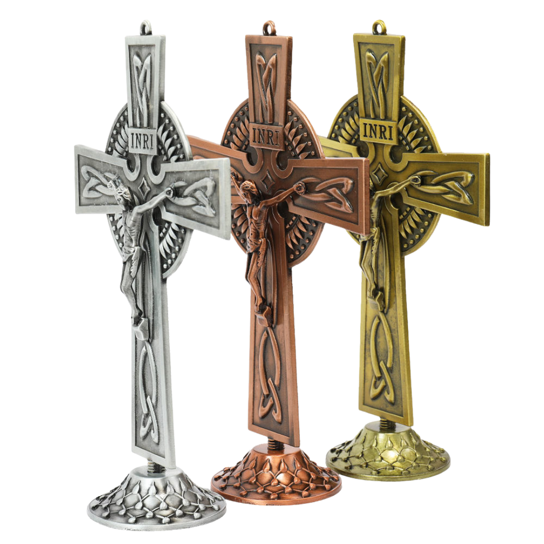 Standing Crucifix Ornament with Base – Red Copper, Antique Silver or Bronze Finish (20 cm × 13 cm)