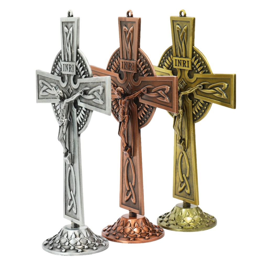 Standing Crucifix Ornament with Base – Red Copper, Antique Silver or Bronze Finish (20 cm × 13 cm)