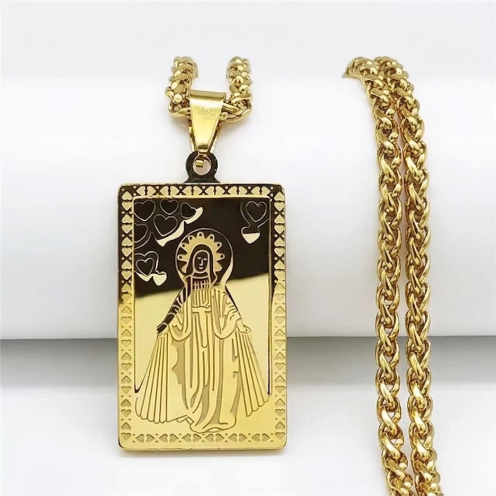 Sacred Heart of Mary Scapular Medal Necklace – 18K Gold Plated Stainless Steel (60 cm Chain)
