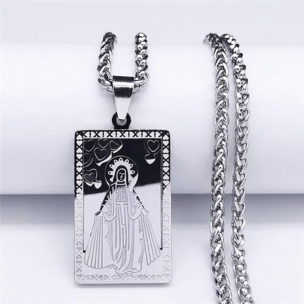 Sacred Heart of Mary Scapular Medal Necklace – Silver Stainless Steel (60 cm Chain)