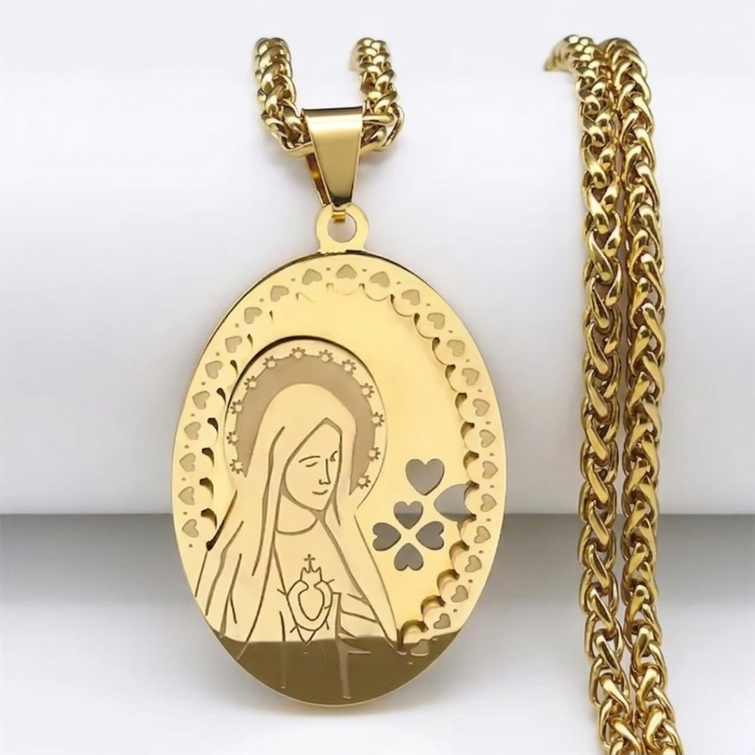 Virgin Mary Sacred Heart Oval Pendant Necklace – 18K Gold Plated Stainless Steel (60 cm Chain)