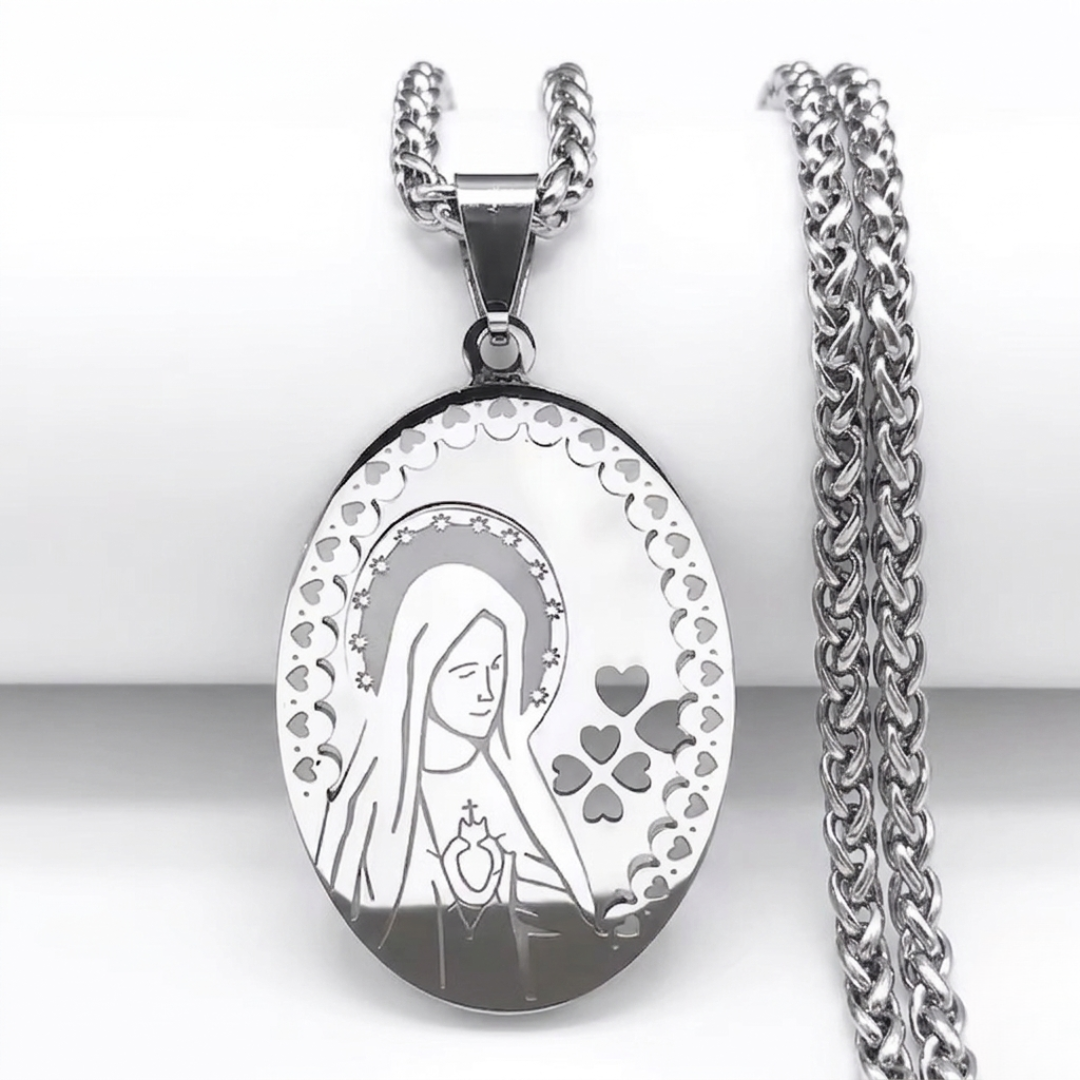 Virgin Mary Sacred Heart Oval Pendant Necklace – Silver Stainless Steel (60 cm Chain)