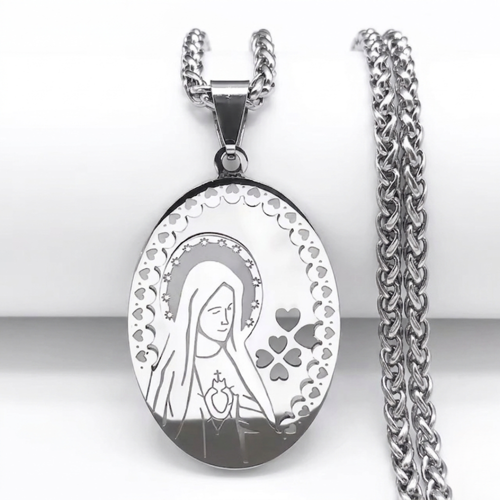Virgin Mary Sacred Heart Oval Pendant Necklace – Silver Stainless Steel (60 cm Chain)