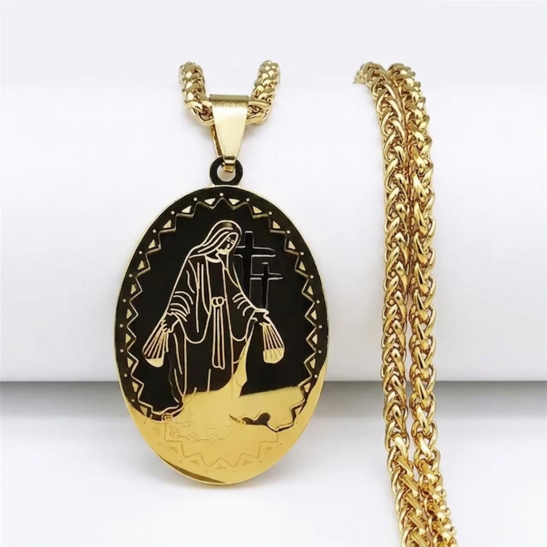 Virgin Mary with Crucifix Oval Pendant Necklace – 18K Gold Plated Stainless Steel (60 cm Chain)