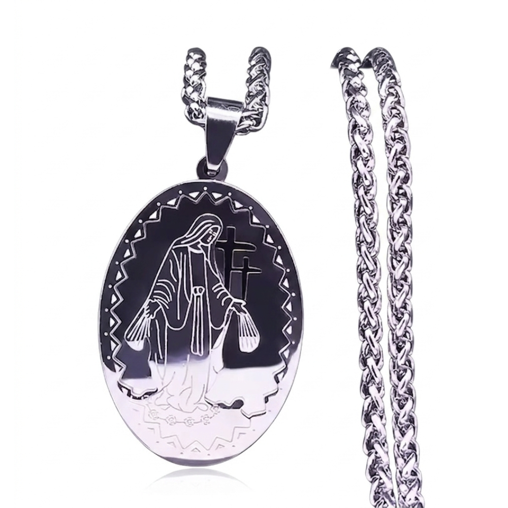 Virgin Mary with Crucifix Oval Pendant Necklace – Silver Stainless Steel (60 cm Chain)