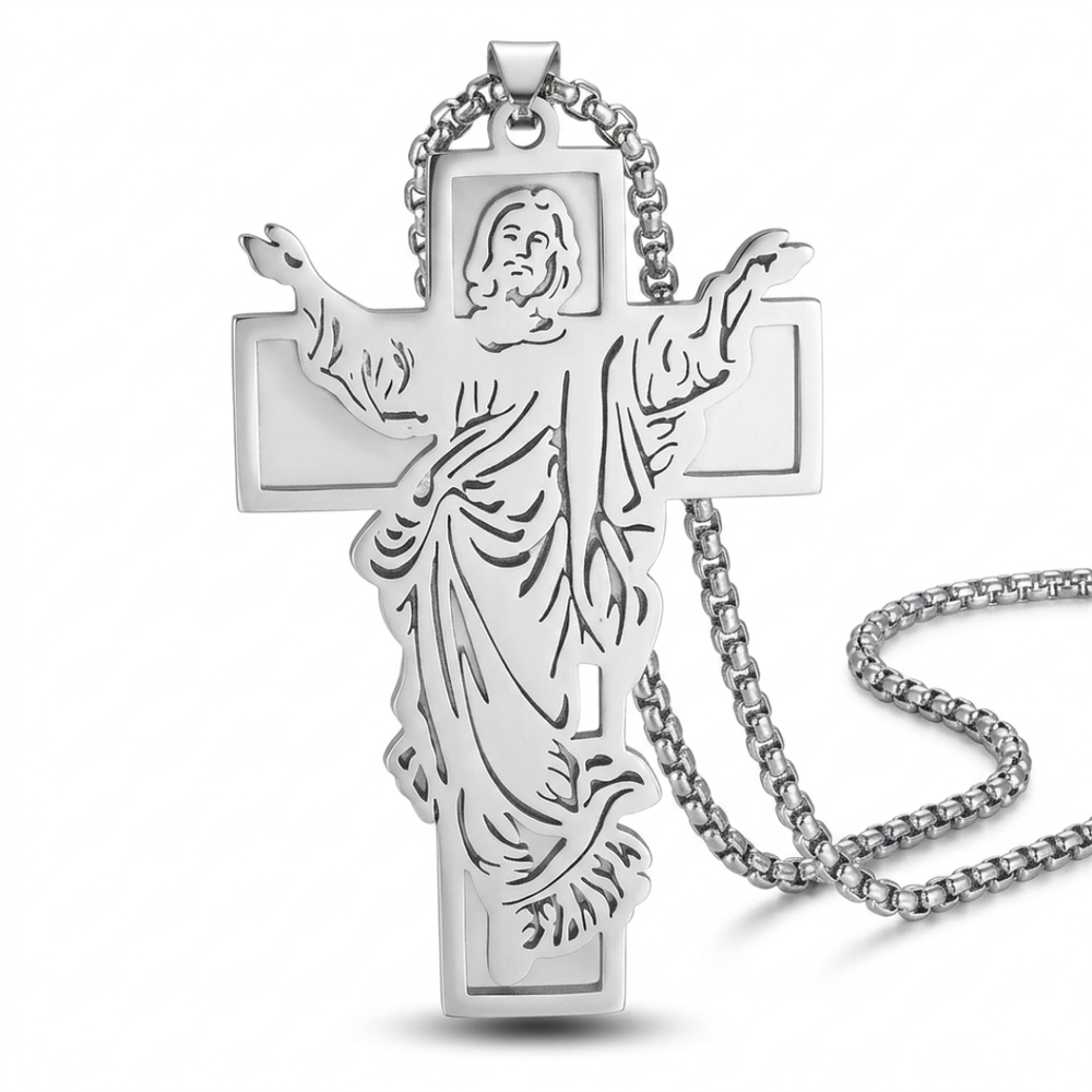 Jesus Crucifix Pendant Necklace – Silver Stainless Steel (60 cm Chain)