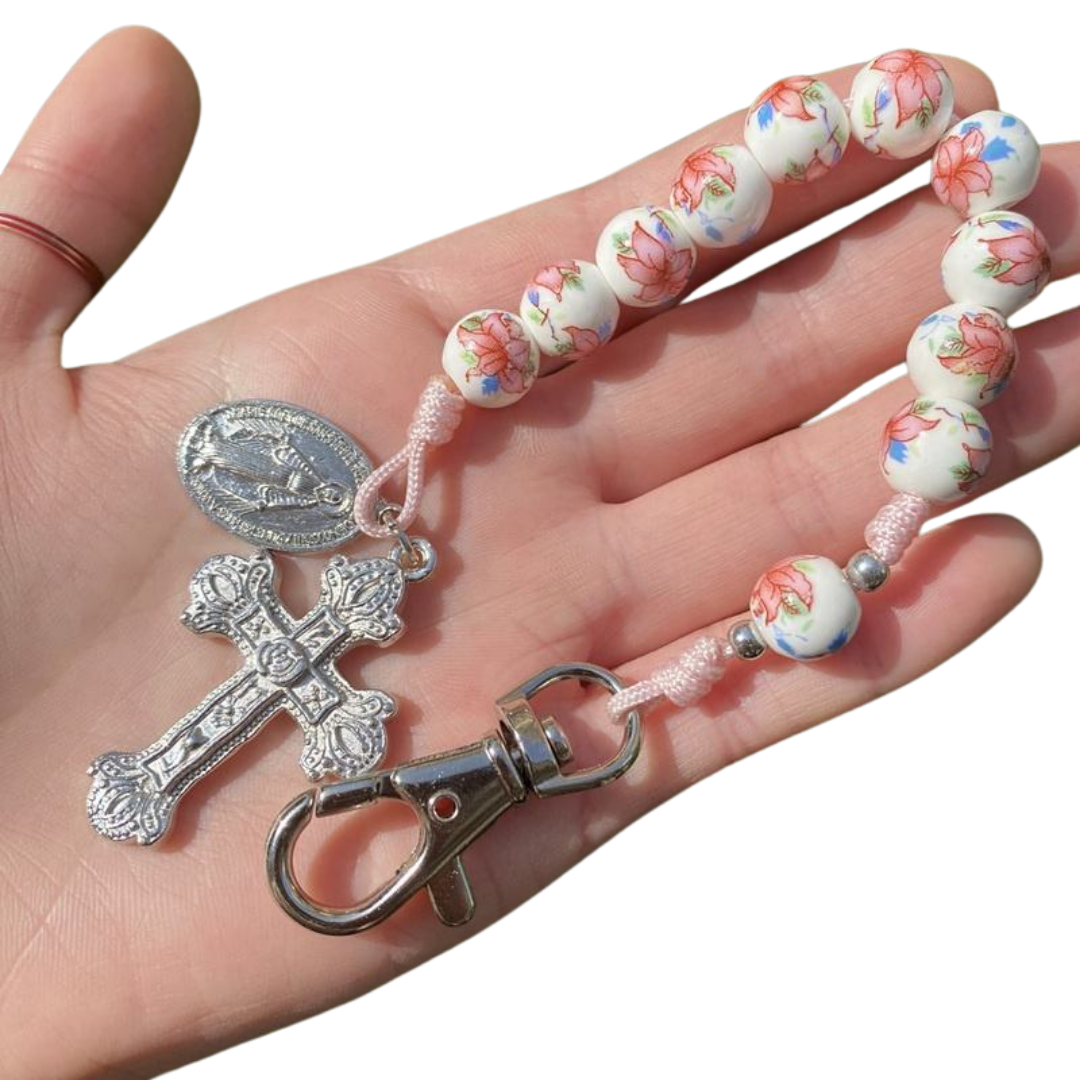 Floral Catholic Chaplet Keyring with Crucifix (23 cm)