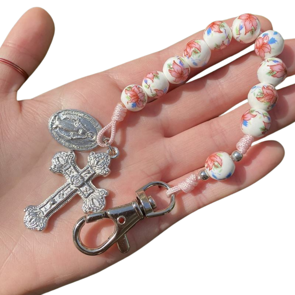 Floral Catholic Chaplet Keyring with Crucifix (23 cm)