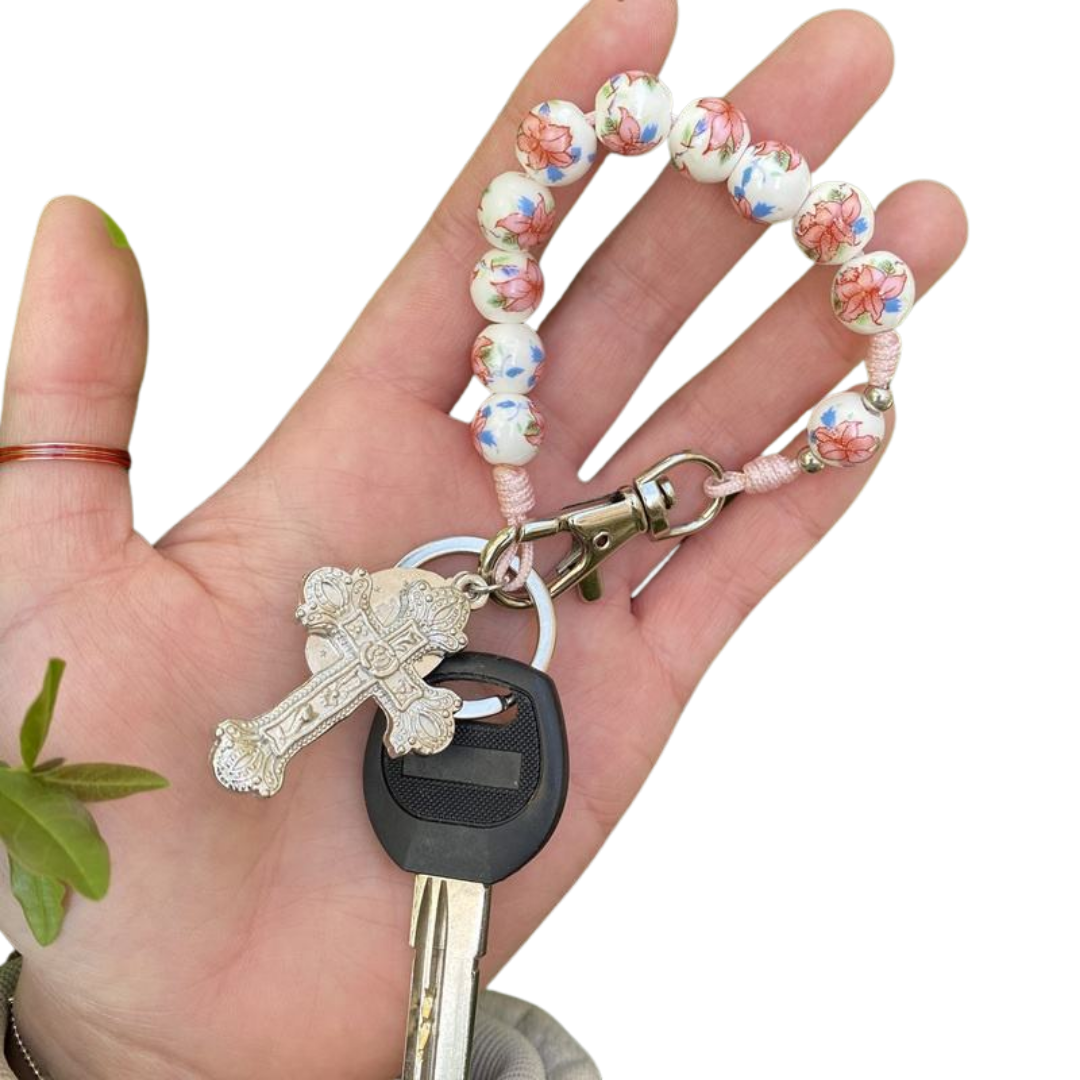 Floral Catholic Chaplet Keyring with Crucifix (23 cm)
