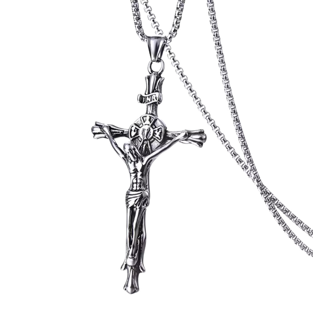 Jesus Crucifix Pendant Necklace – Silver Plated OR Silver & Gold Plated (8.4cm Pendant)