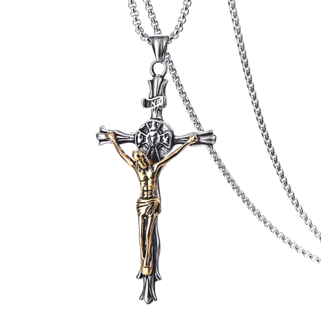 Jesus Crucifix Pendant Necklace – Silver Plated OR Silver & Gold Plated (8.4cm Pendant)