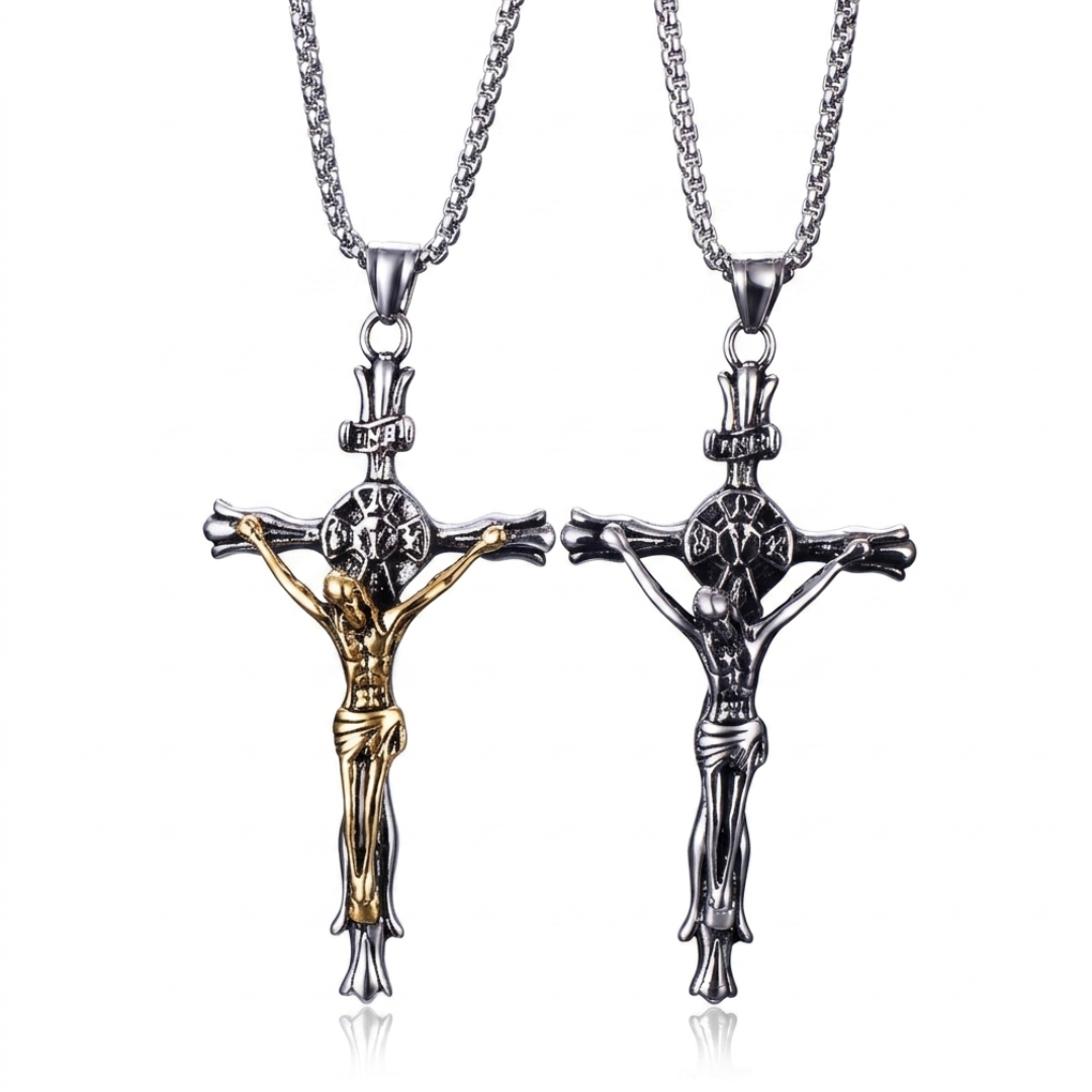 Jesus Crucifix Pendant Necklace – Silver Plated OR Silver & Gold Plated (8.4cm Pendant)