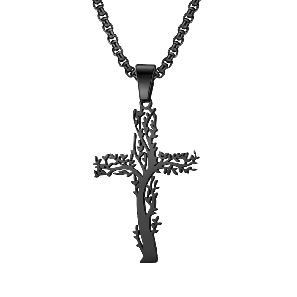 Black Thorn Crucifix Pendant Necklace – Black Stainless Steel (4.7cm Pendant)