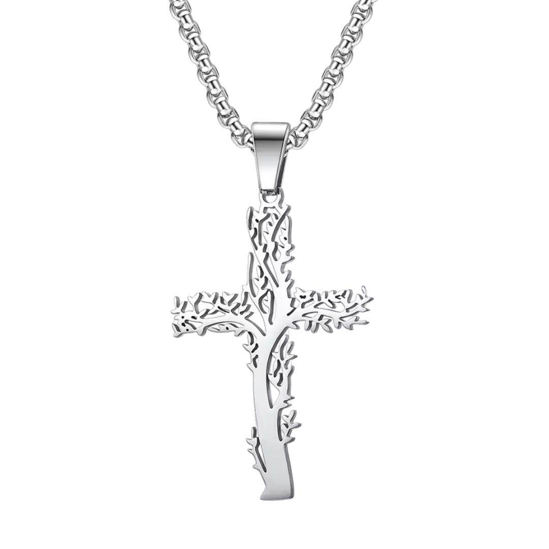 Silver Thorn Crucifix Pendant Necklace – Silver Stainless Steel (4.7cm Pendant)
