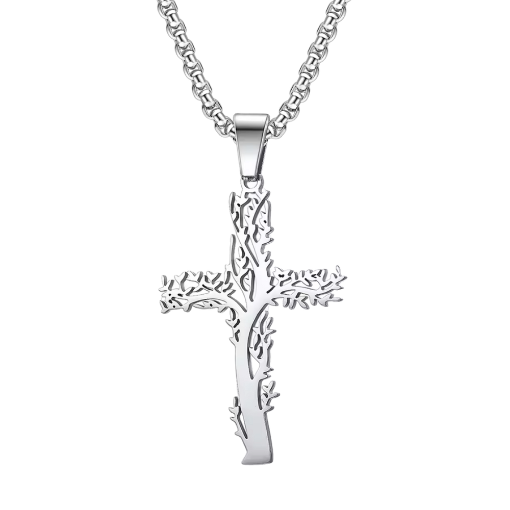Silver Thorn Crucifix Pendant Necklace – Silver Stainless Steel (4.7cm Pendant)