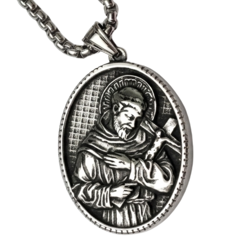 St. Francis of Assisi Medal Pendant with 60cm Chain – Antique Silver Catholic Necklace