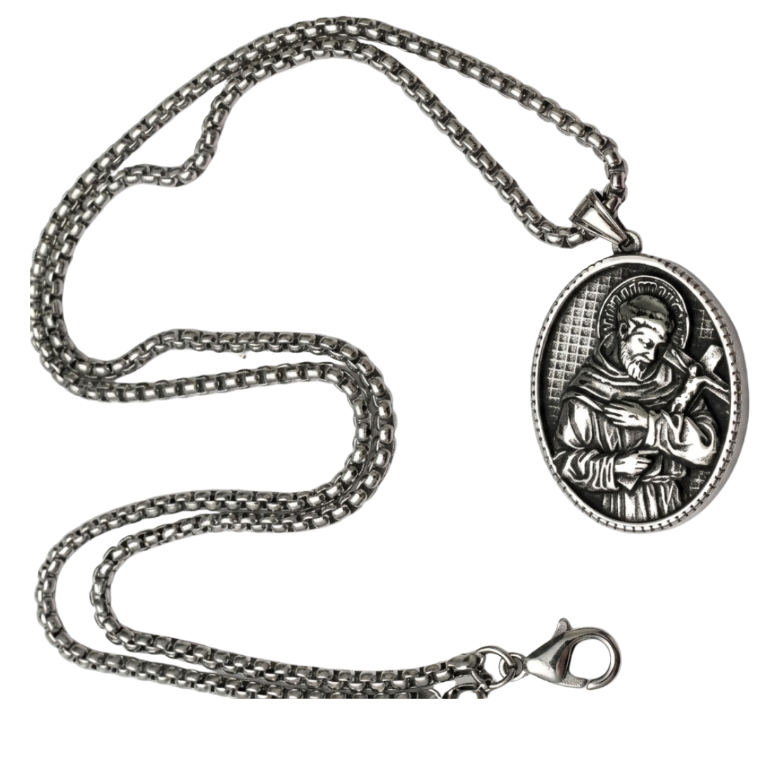 St. Francis of Assisi Medal Pendant with 60cm Chain – Antique Silver Catholic Necklace