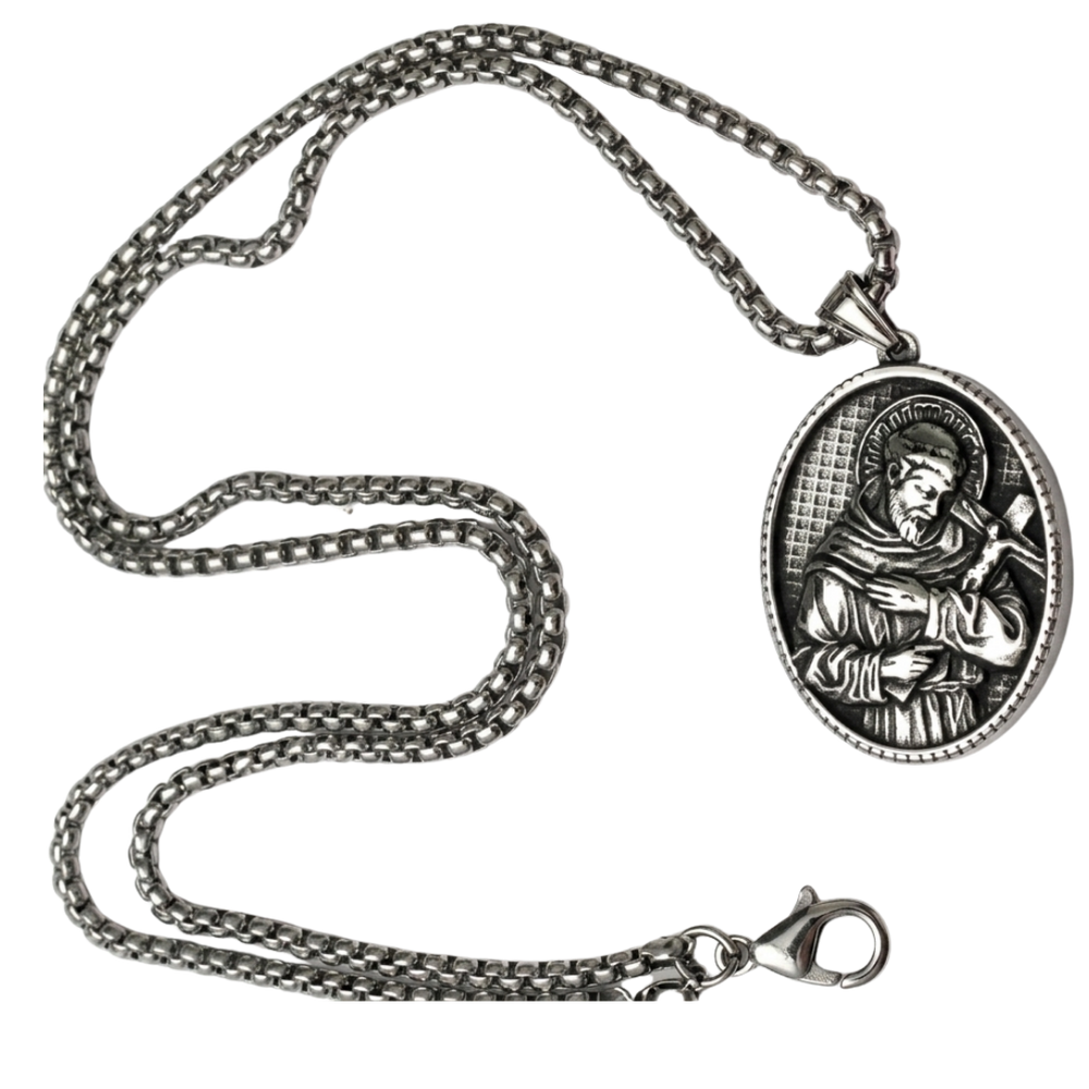 St. Francis of Assisi Medal Pendant with 60cm Chain – Antique Silver Catholic Necklace