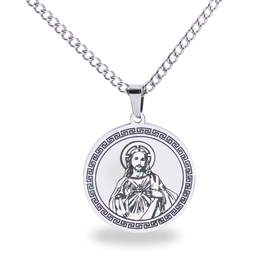 Sacred Heart of Jesus Silver Pendant Necklace (Chain Length 60cm)