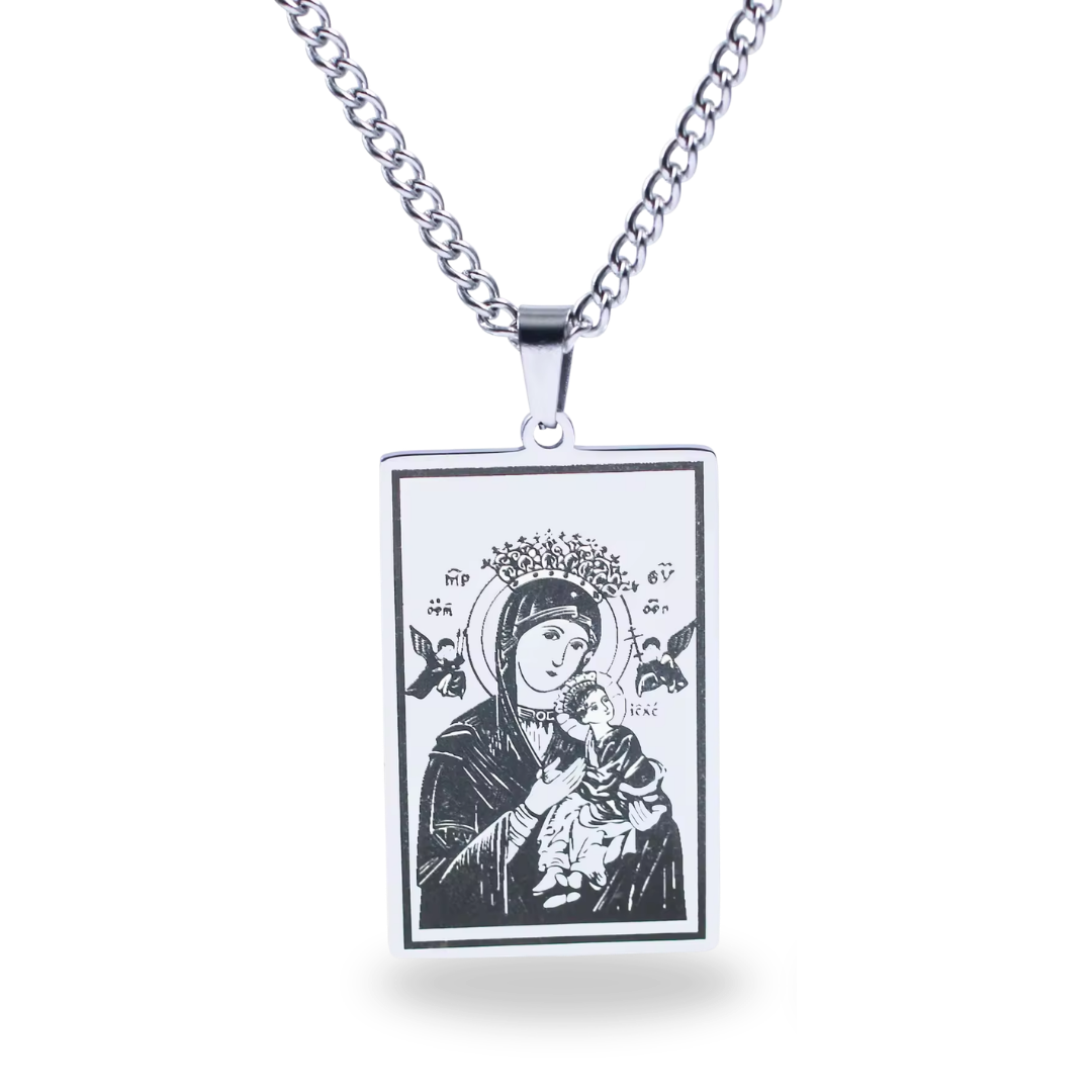 Our Lady and Child Silver Medal Scapular Necklace – Rectangular Design (Chain Length 60cm)