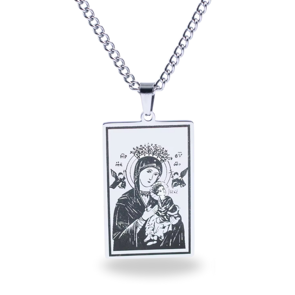 Our Lady and Child Silver Medal Scapular Necklace – Rectangular Design (Chain Length 60cm)