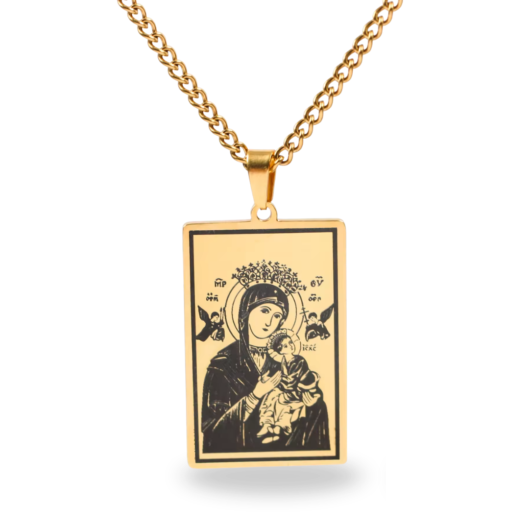 Our Lady and Child Gold-Plated Medal Scapular Necklace – Rectangular Design (Chain Length 60cm)