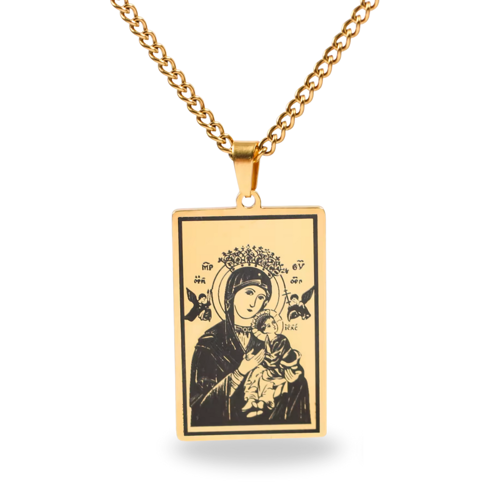 Our Lady and Child Gold-Plated Medal Scapular Necklace – Rectangular Design (Chain Length 60cm)