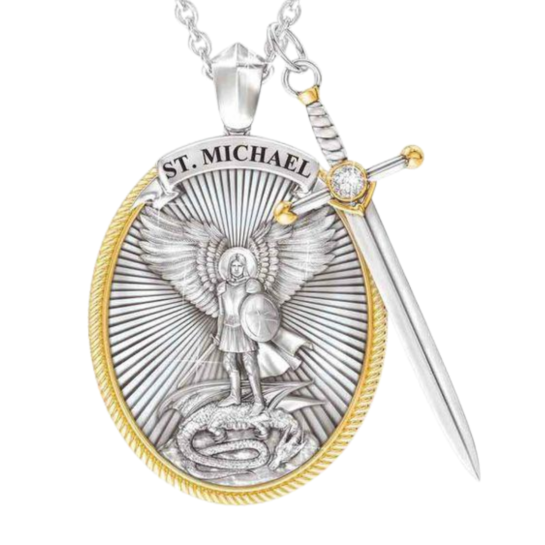 Antique Silver Plated Saint Michael with Sword Necklace – 3.8 × 2.5 cm Pendant with 50 cm Chain