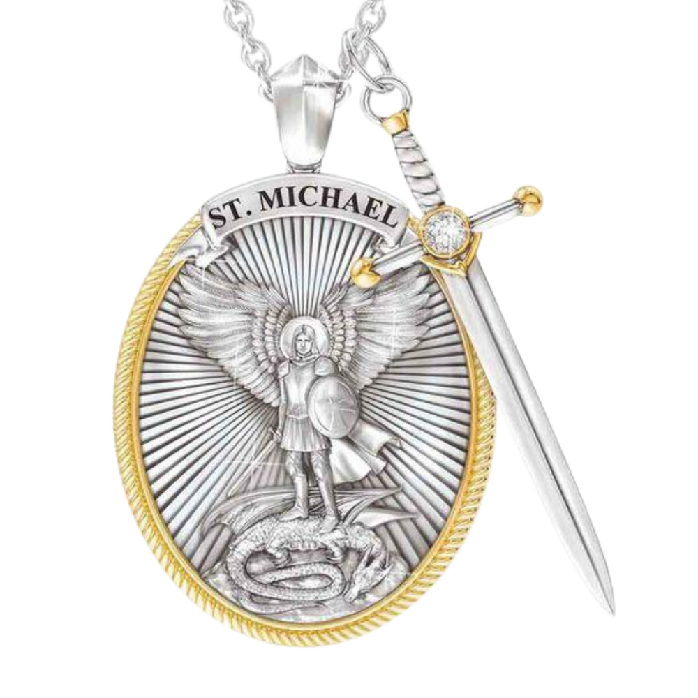 Antique Silver Plated Saint Michael with Sword Necklace – 3.8 × 2.5 cm Pendant with 50 cm Chain