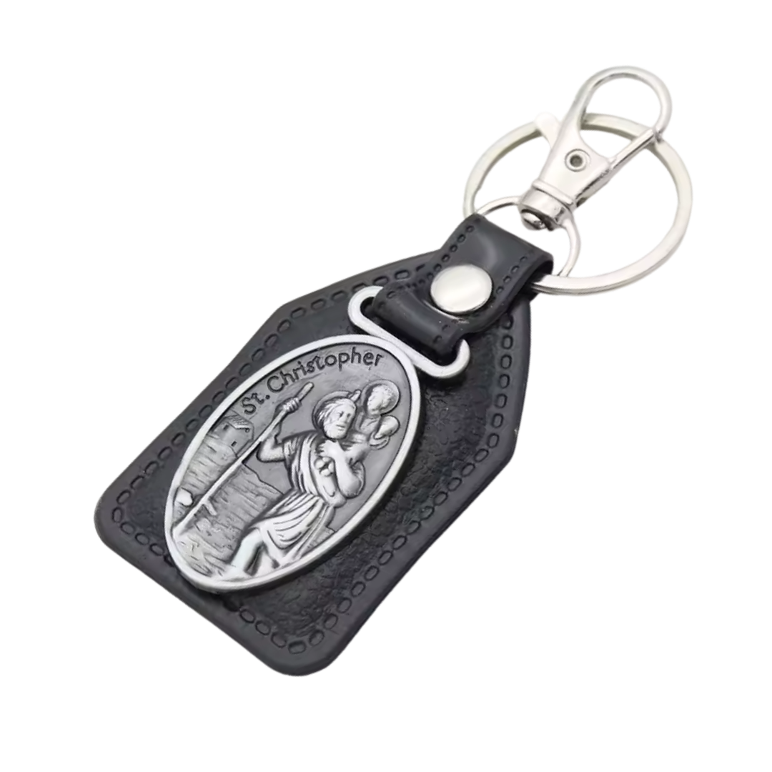 St. Christopher Catholic Leatherette Keyring – 9.5 × 4 cm