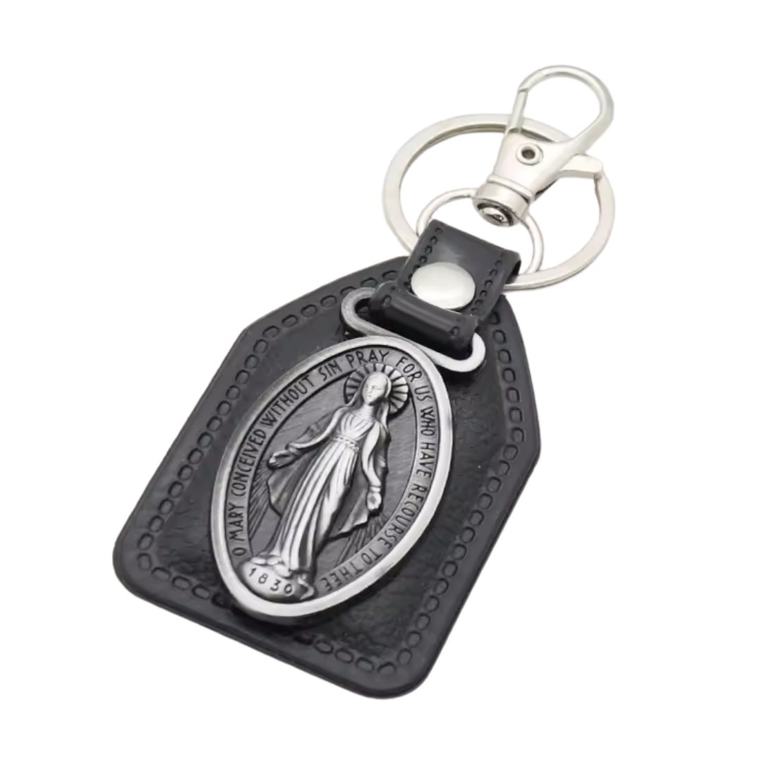 Miraculous Medal Catholic Leatherette Keyring – 9.5 × 4 cm