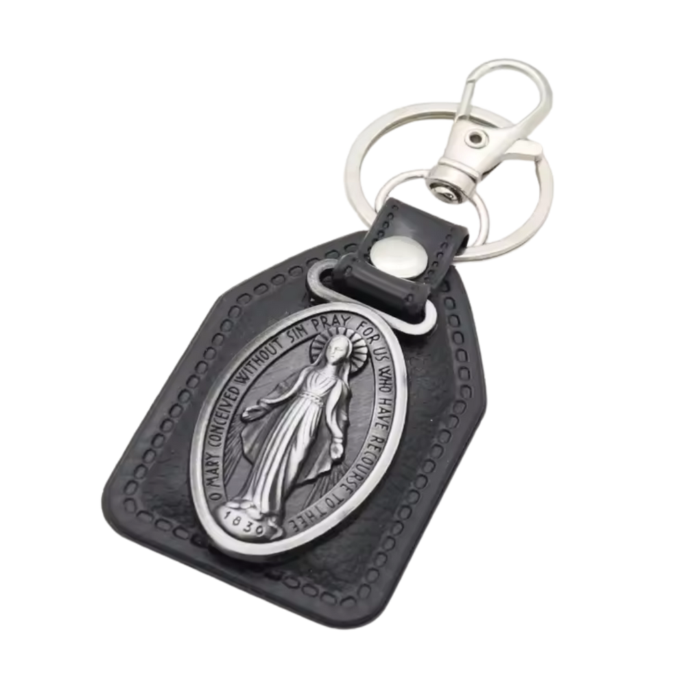 Miraculous Medal Catholic Leatherette Keyring – 9.5 × 4 cm