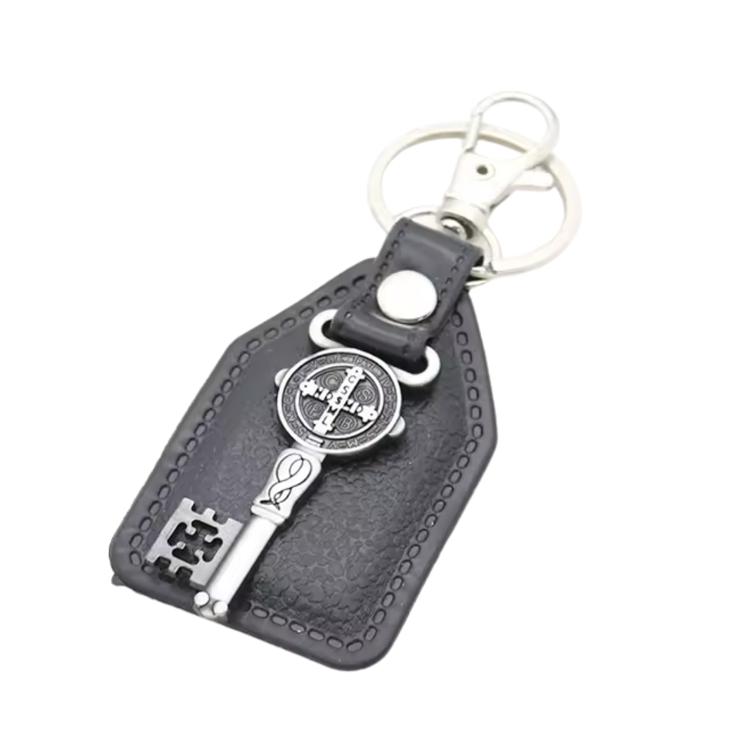 Saint Benedict Key Catholic Leatherette Keyring – 9.5 × 4 cm