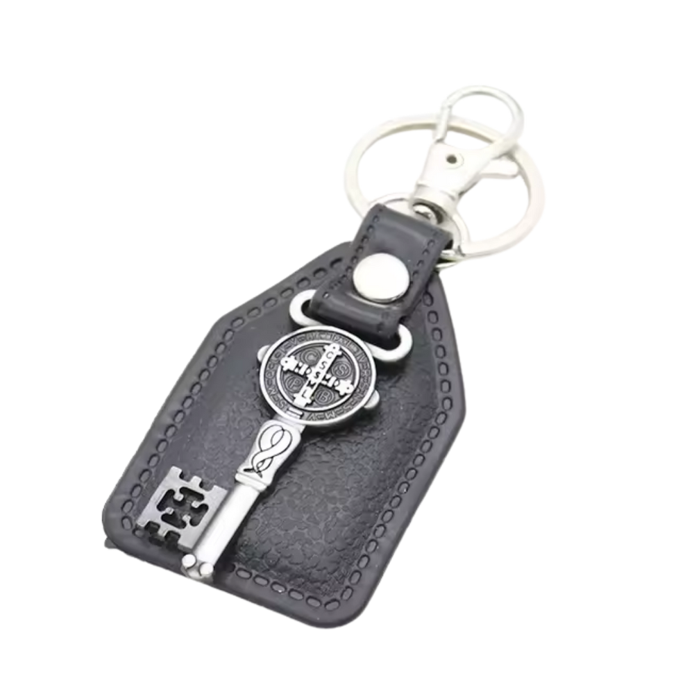 Saint Benedict Medal Key Catholic Leatherette Keyring – 9.5 × 4 cm